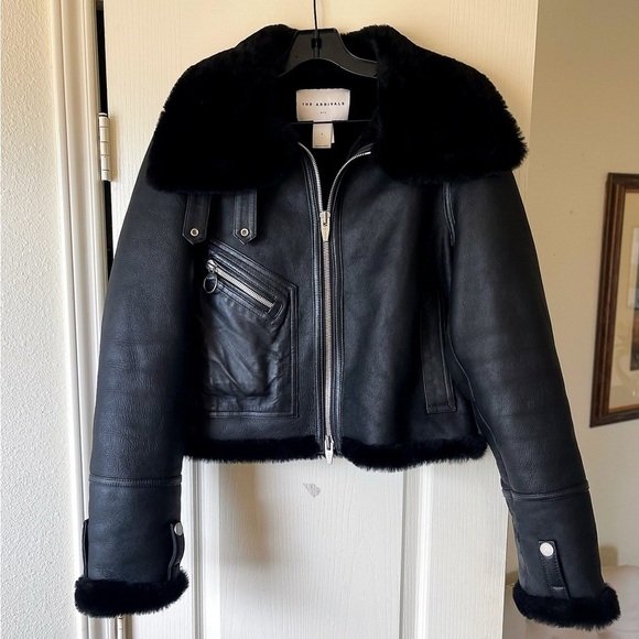 The Arrivals Moya Mini Shearling Jacket Leather Motorcycle Space Black L EUC - Picture 1 of 12
